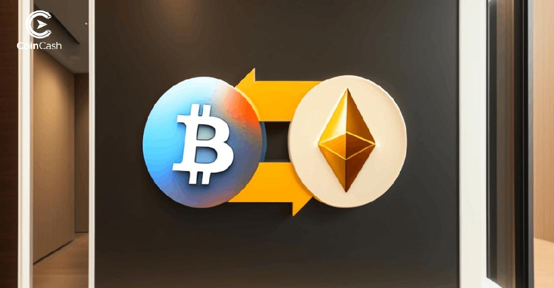 Egy Bitcoin jel egy Ethereum jel mellett, közöttük oda-vissza mutató nyíllal